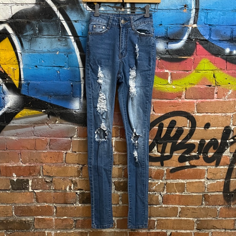 BOB JEANS-blue cotton blend distressed look hi-rise super skinny leg jeggings